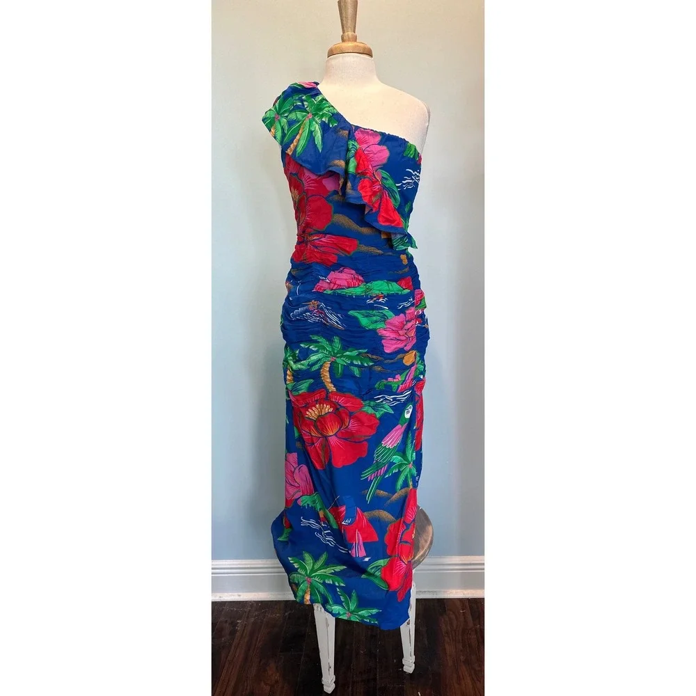 FARM Rio for Anthropologie One Shoulder Maxi Dress Floral Tropical Size Small - Picture 2 of 13